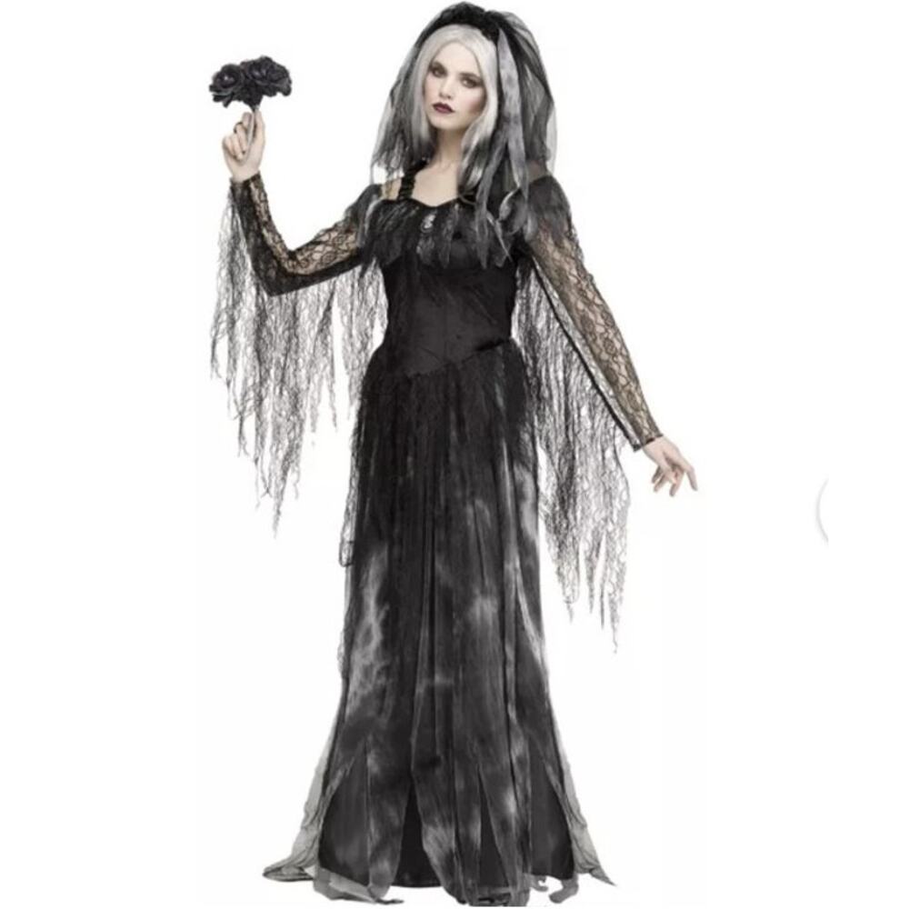 Spirit Halloween Cemetery Bride Costume Women S/M 2-8 Black Gray Gothic Veil NWT